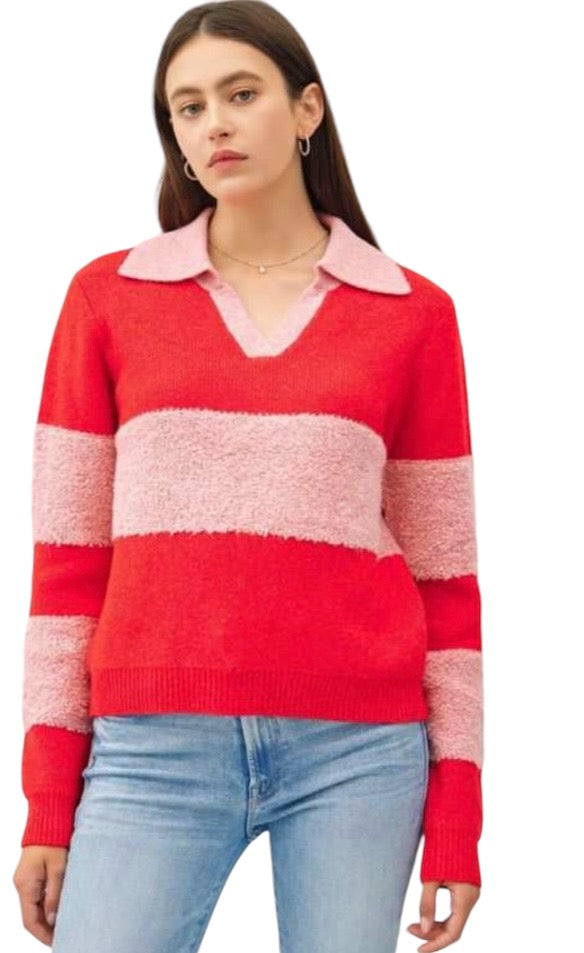 Red and Pink Collard Sweater