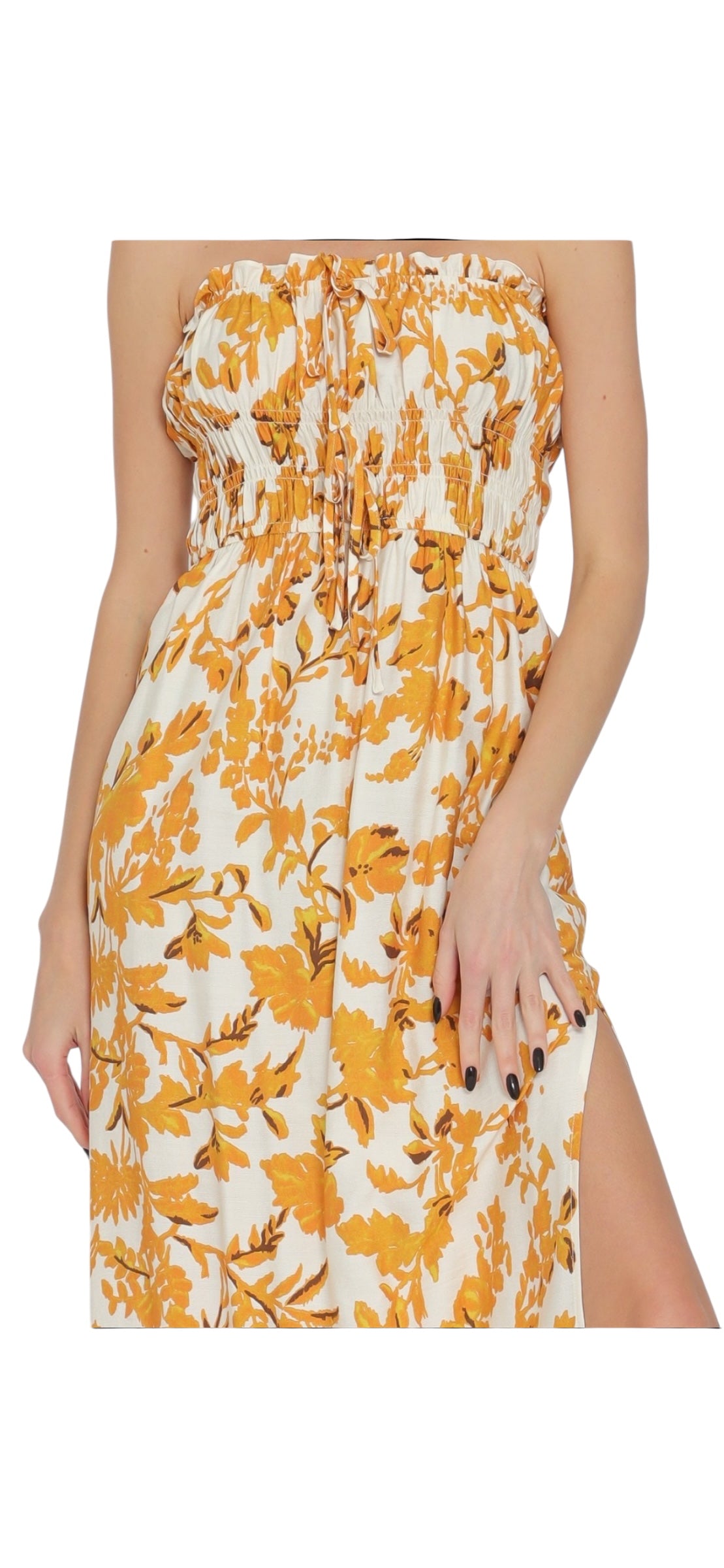 Yellow Flower Tube Midi Dress
