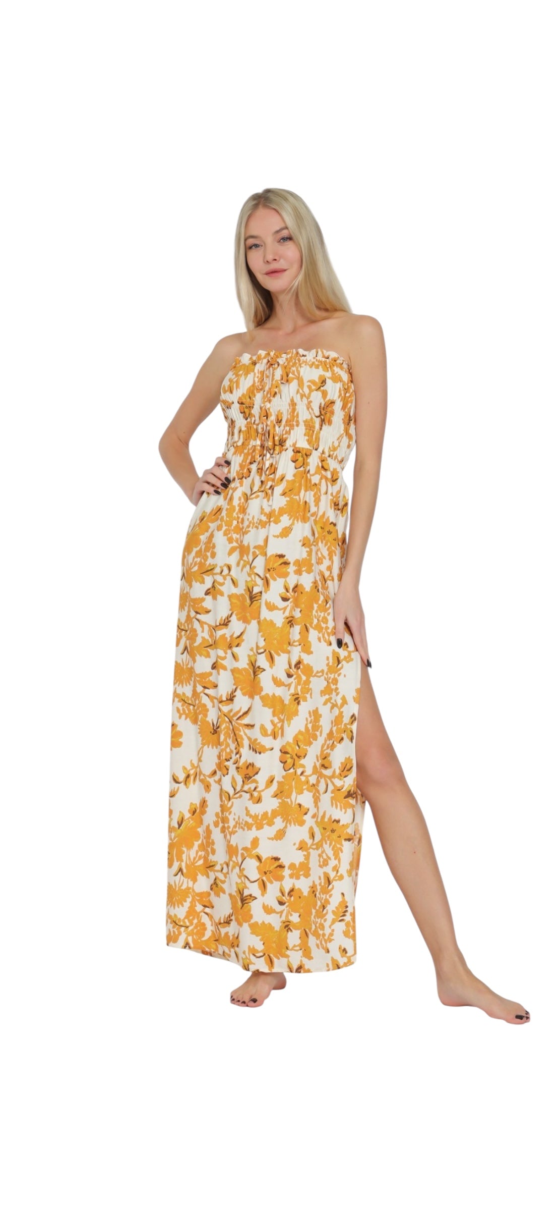 Yellow Flower Tube Midi Dress