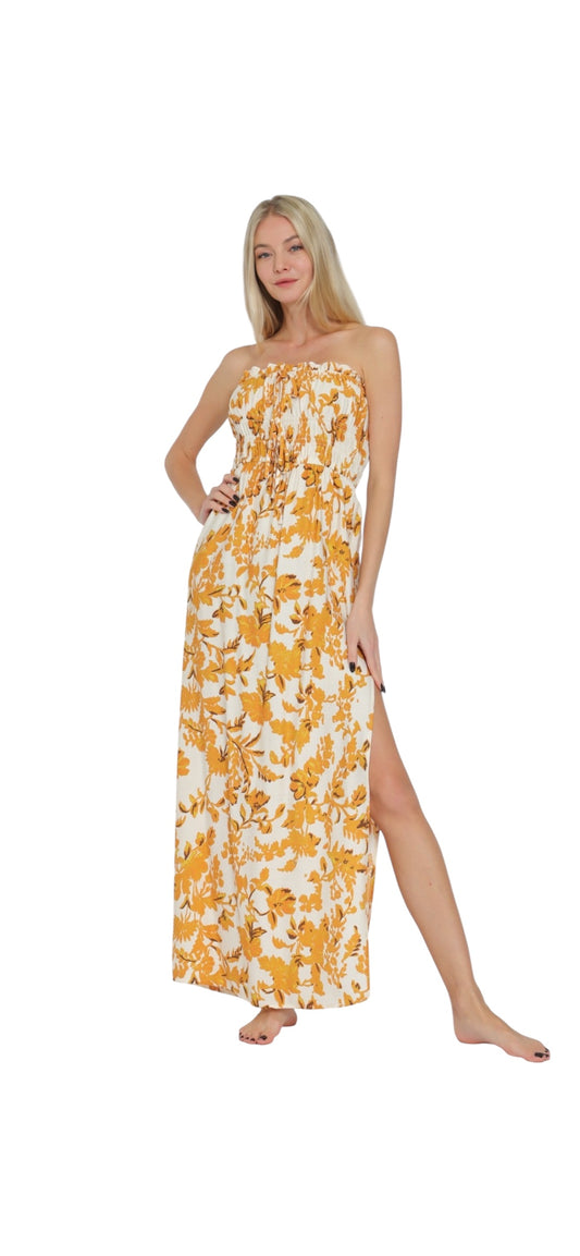 Yellow Flower Tube Midi Dress