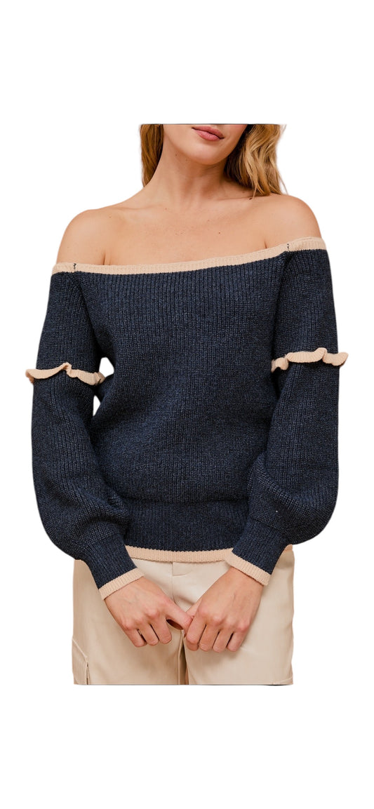 Off-The-Shoulder Navy Sweater