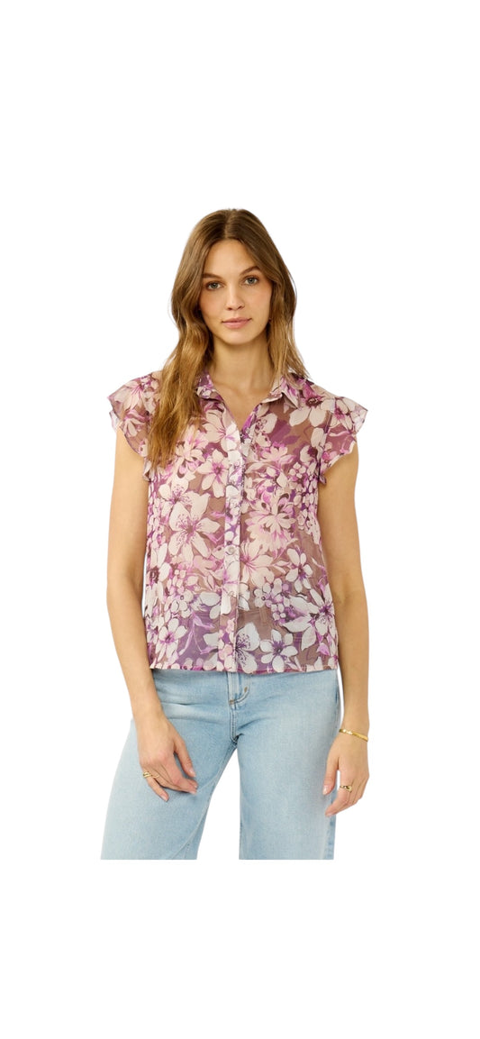 Purple Floral Flutter Sleeve Blouse
