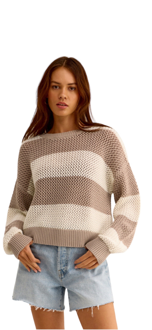 Beige and White Striped Crochet Sweater