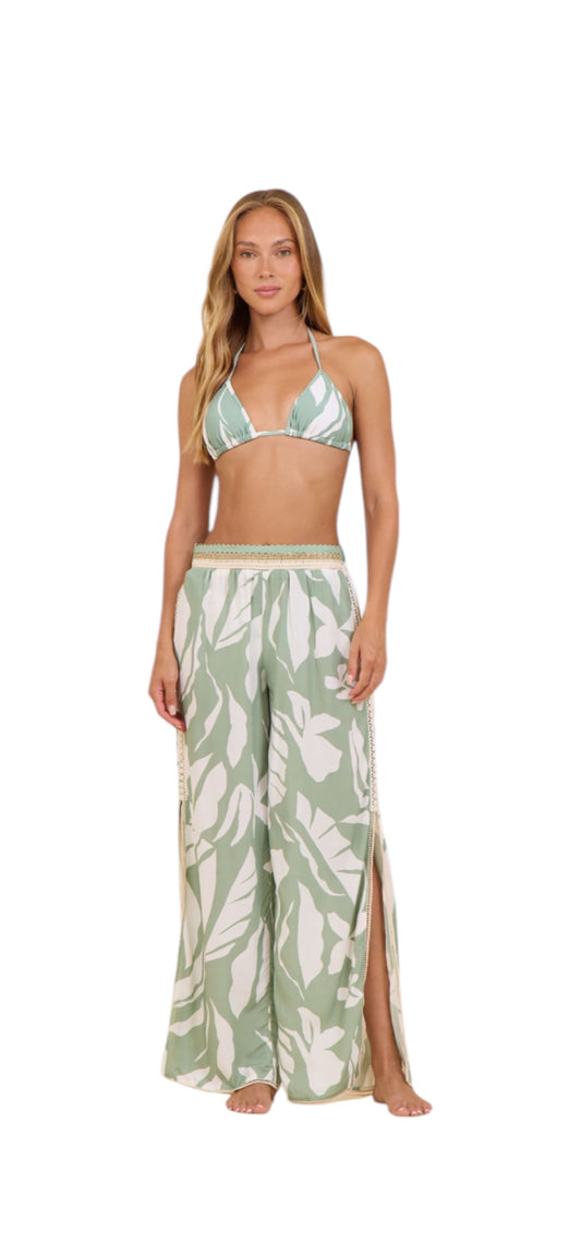 Green Tropical Print Slit Pants