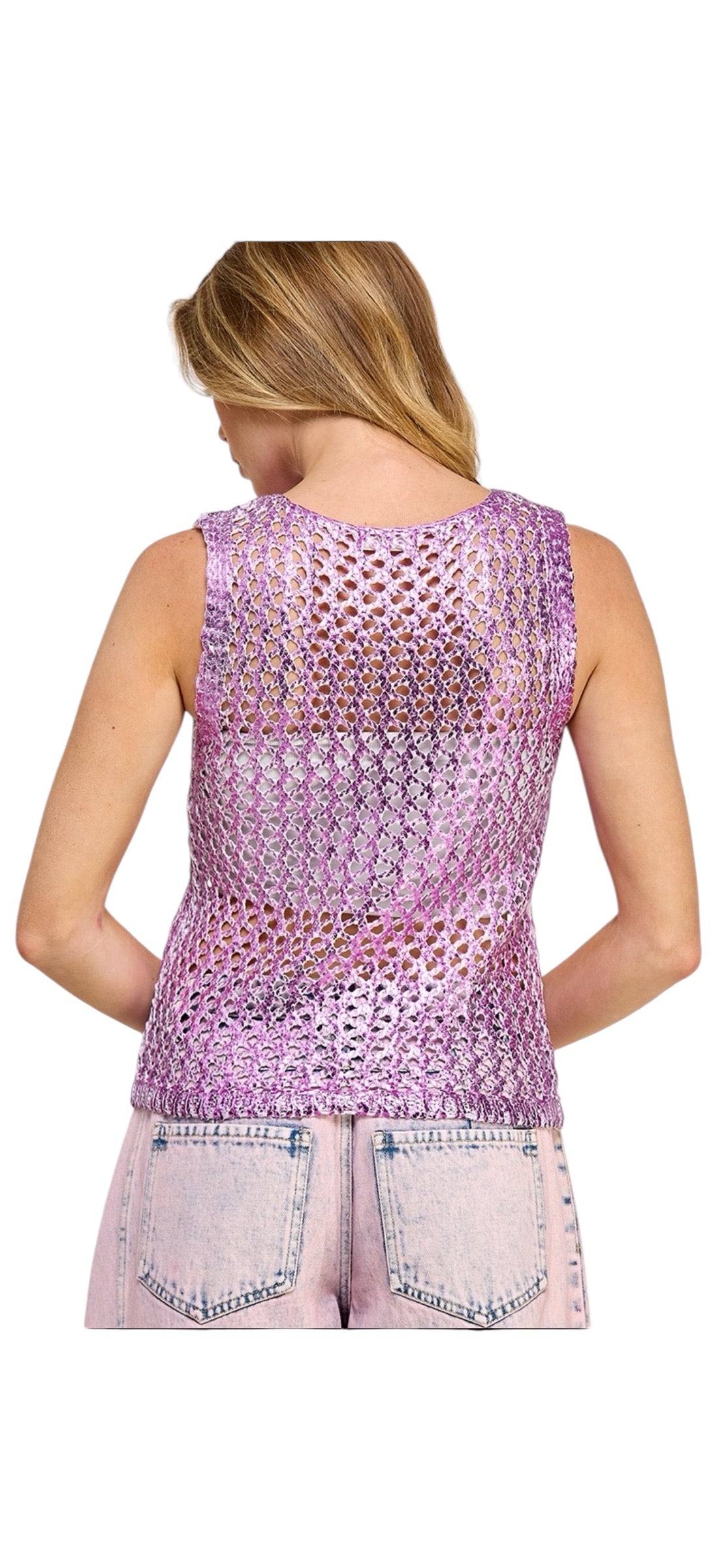 Crochet Purple Metallic Sleeveless Sweater