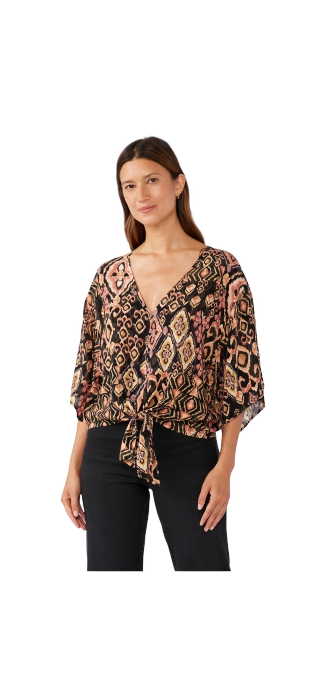 Patterned Sleeved Tie Top