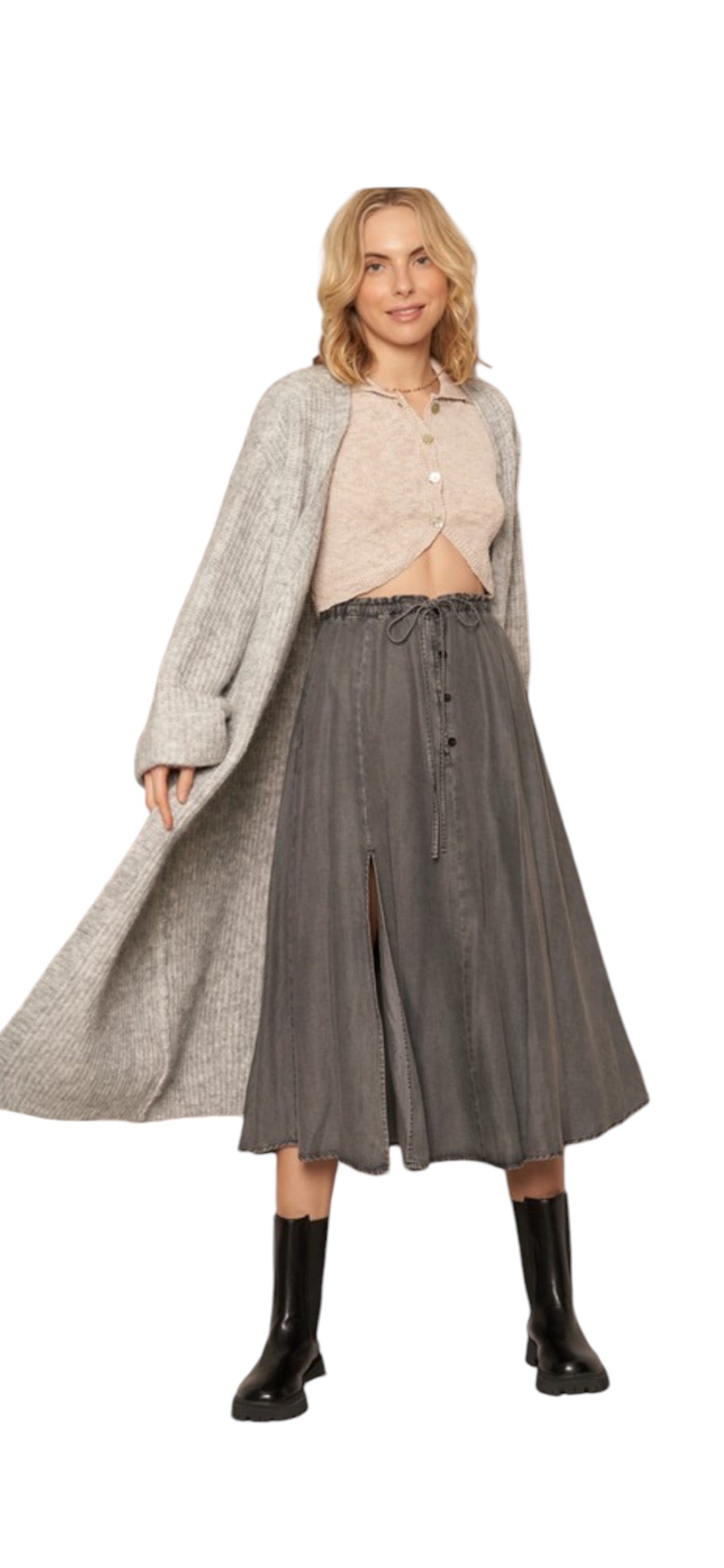 Gray Denim Midi Skirt