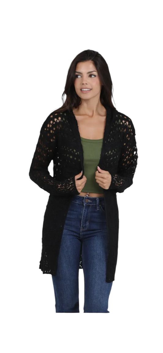 Black Crochet Long Hooded Cardigan