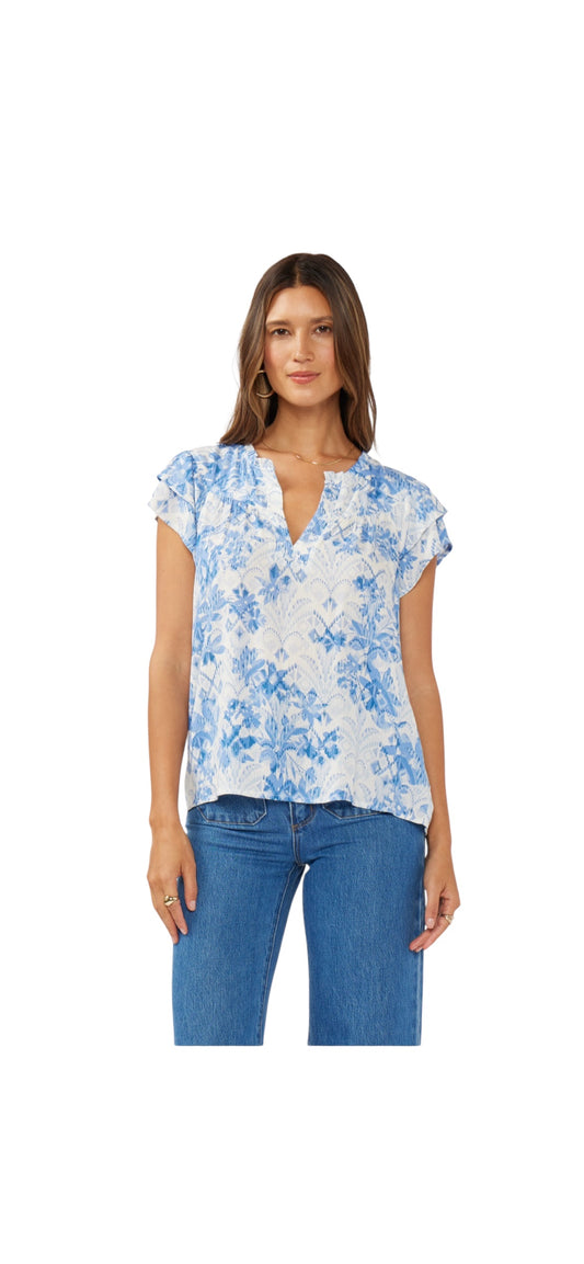 White and Blue Detailed Blouse