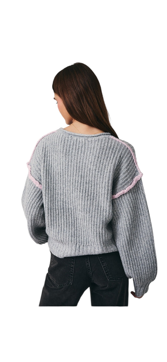 Gray Ribbed Sweater with Pink Lining