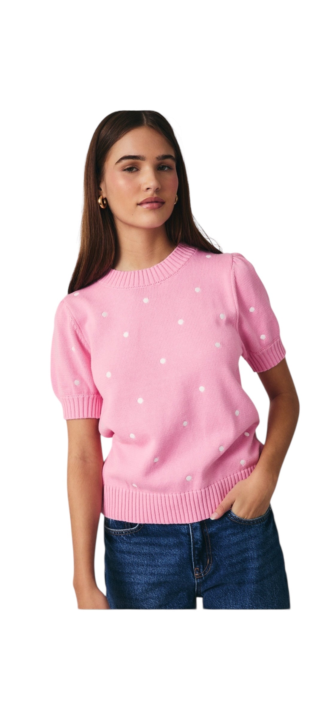 Pink Short Sleeved Polka Dotted Sweater